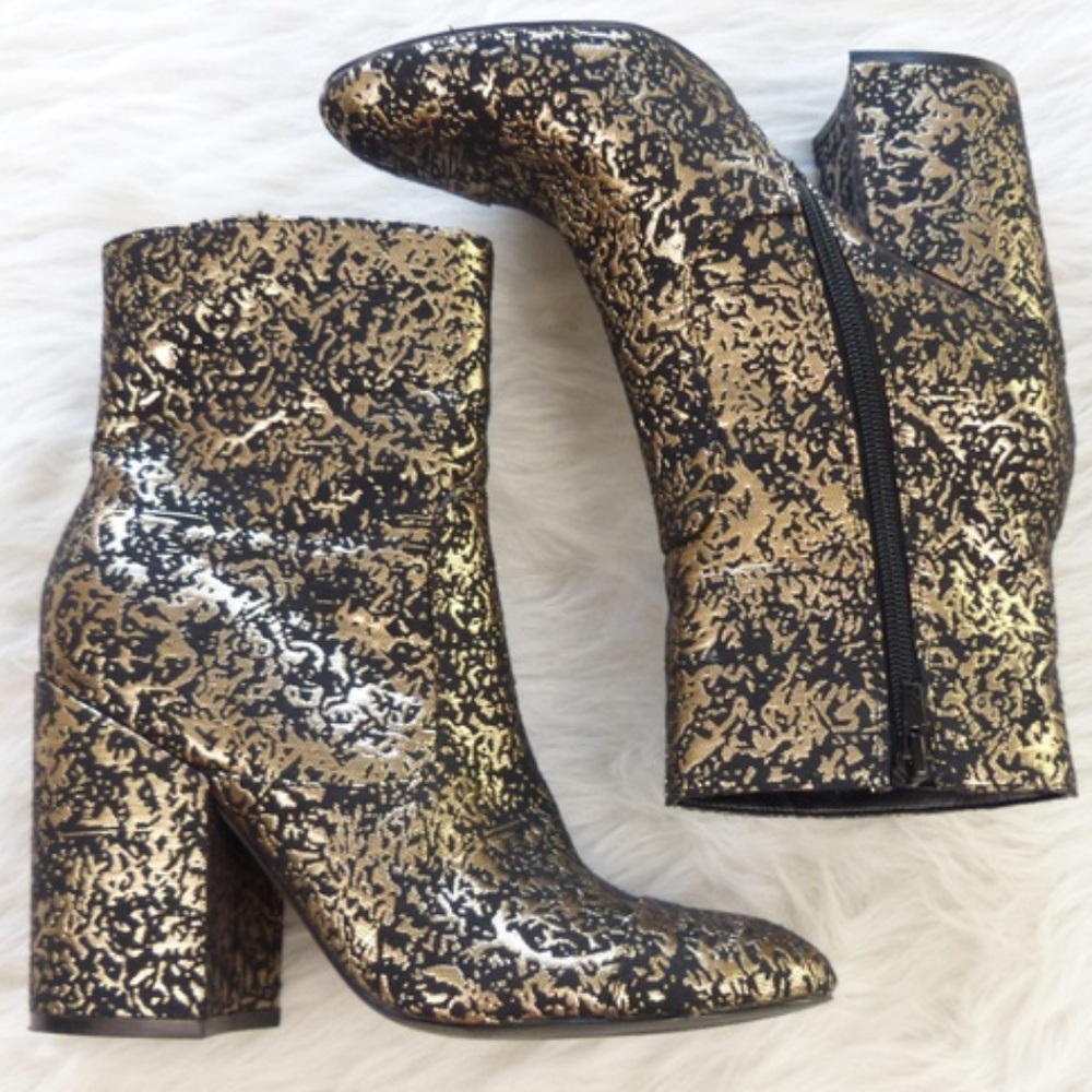 Golden Metallic Brocade Ankle High Block Heel Boot - Picture 1 of 3